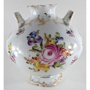 Vintage Porcelain Vase Pedestal Rotund White Floral Double Handled Gold Trim MB5